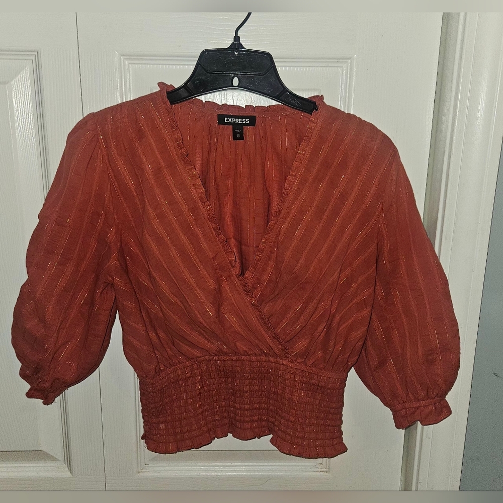Express Rust Orange W/Gold  Smocked Crop Blouse 3/4 Length Puff Sleeves Women XS
